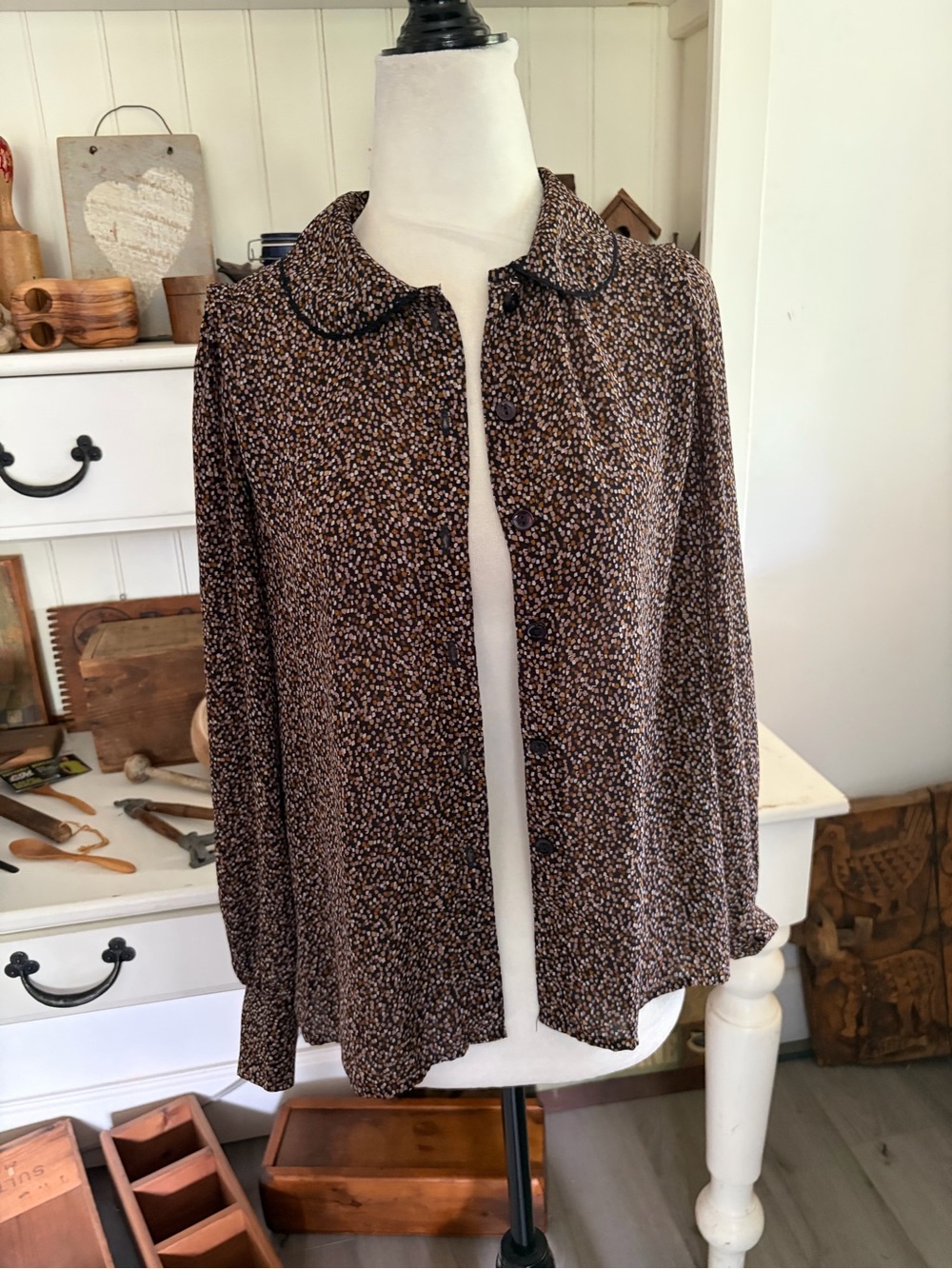 Vintage Holt Renfrew Brown Floral Button-Front Women's Blouse